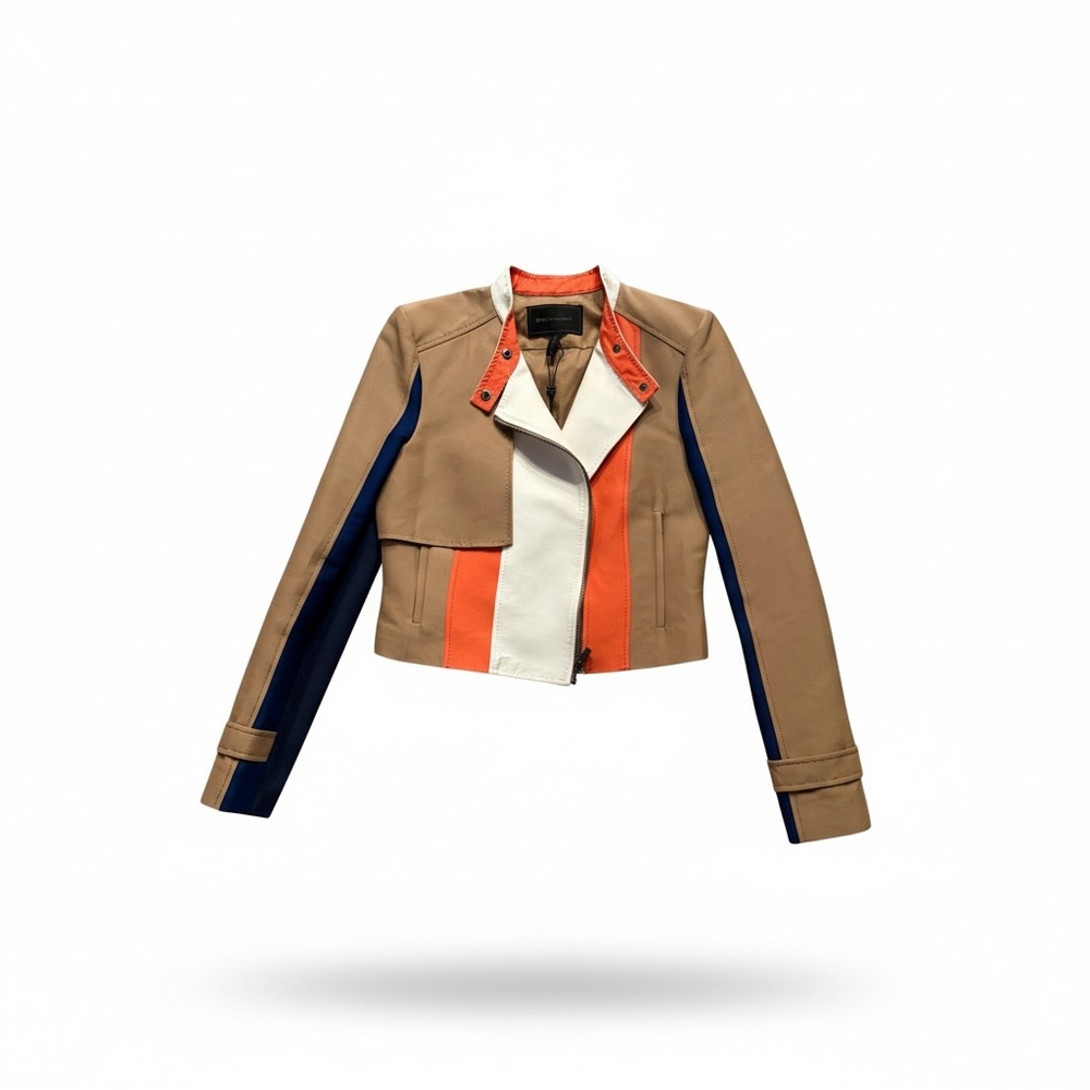 BCBGMAXAZRIA Dixon Colorblock Cropped Moto Jacket - Light Camo - NWT